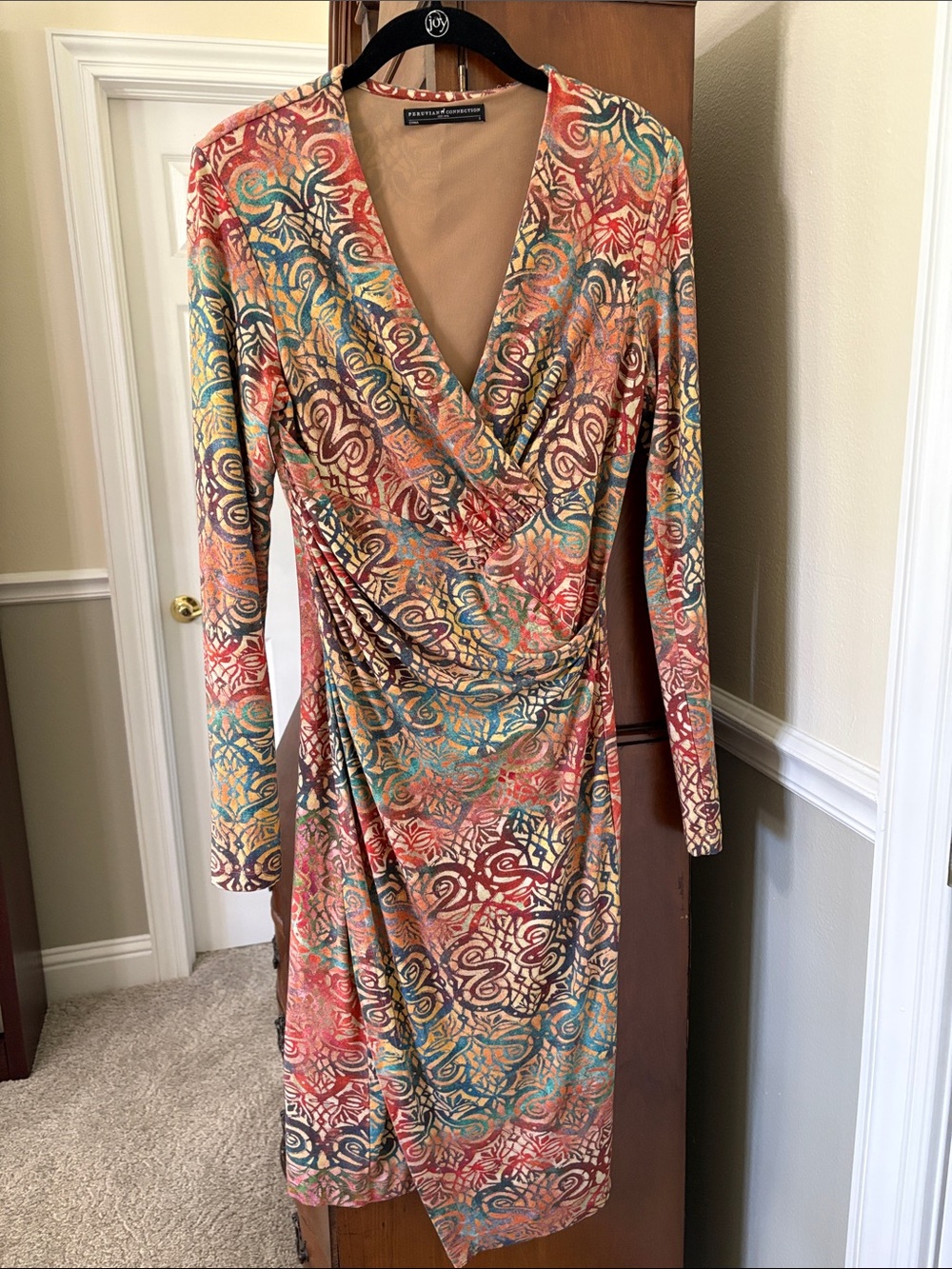 Peruvian Connection Abstract Colorful Long Sleeve V Neck Faux-Wrap Dress BOHO